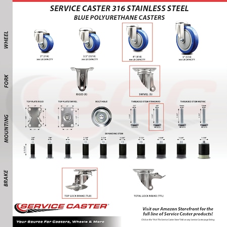 Service Caster 4 Inch 316SS Blue Polyurethane Swivel 3/8 Inch Threaded Stem Caster with Brake SS316TS20S414-PPUB-BLUE-TLB-381615